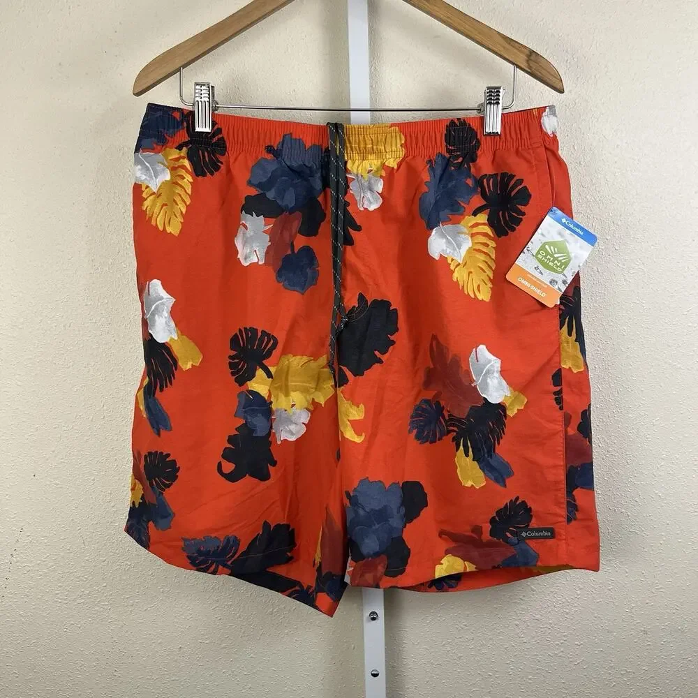 NWT Columbia Big Dippers Water Short Mens L Large Orange Hibiscus 8” Inseam